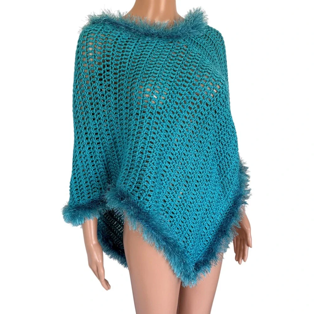 Handmade Teal Crochet Poncho Eyelash Fringe Trim Boho Open Knit Wrap Whimsigoth